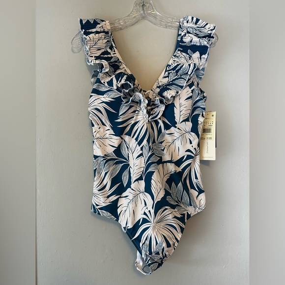 Profile By Gottex Ruffle V-Neck One Piece Swimsuit Tropical Leaf Print Size 12 - Picture 4 of 6